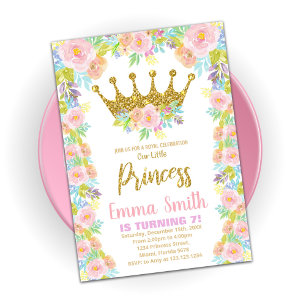 Invitación Purpurina floral Crown Princess Birthday Invitacio