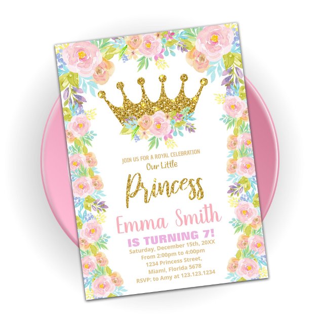Invitación Purpurina floral Crown Princess Birthday Invitacio (Subido por el creador)