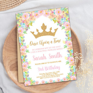 Invitación Purpurina floral Crown Princess Birthday Invitació