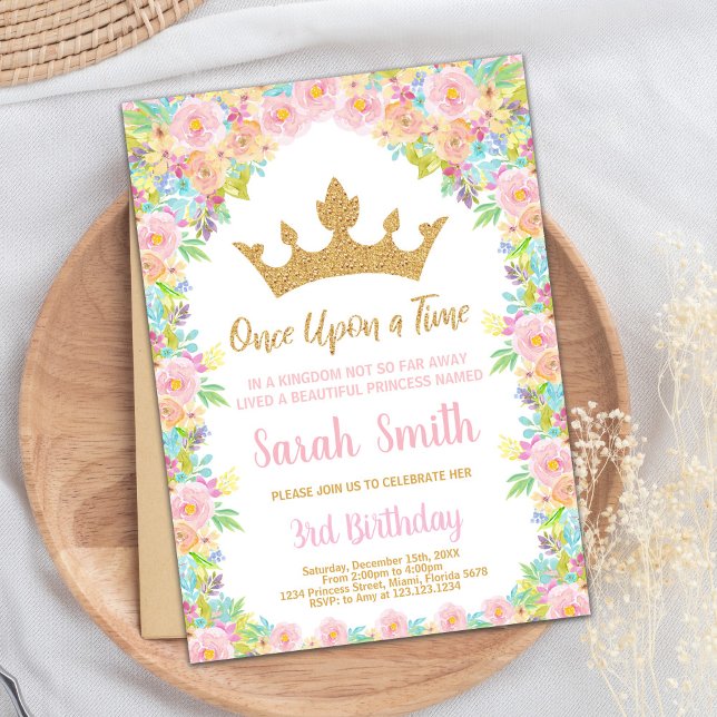 Invitación Purpurina floral Crown Princess Birthday Invitació (Floral Glitter Crown Princess Birthday Invitation)