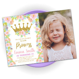 Invitación Purpurina floral Cumpleaños de la Princesa Hereder