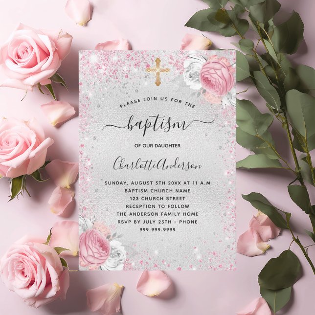 Invitación Purpurina floral de chica rosa plateado de bautism (Subido por el creador)