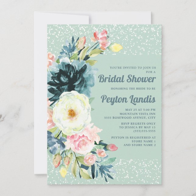 Invitación Purpurina floral de crema rosa Neo Mint Shower (Anverso)