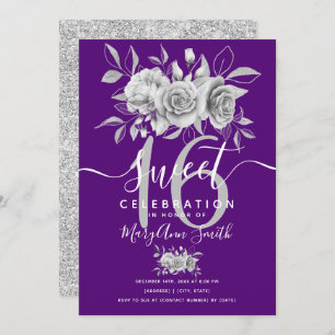 Invitación Purpurina Floral de Fab Plateado 16 cumpleaños mor