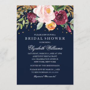 Invitación Purpurina floral de la Marina Borgoña Ducha nupcia
