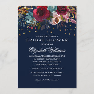 Invitación Purpurina floral de la Marina Borgoña Ducha nupcia