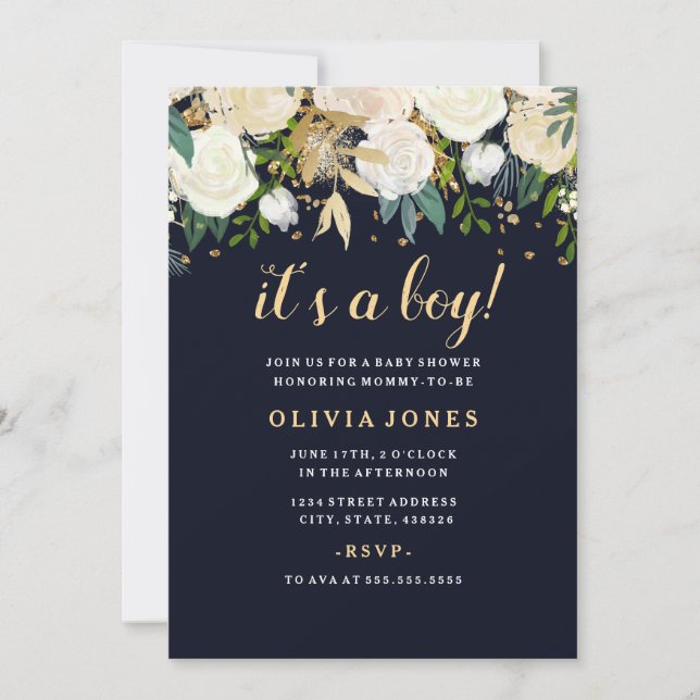 Invitación Purpurina floral de la marina chisporroteando Baby (Anverso)