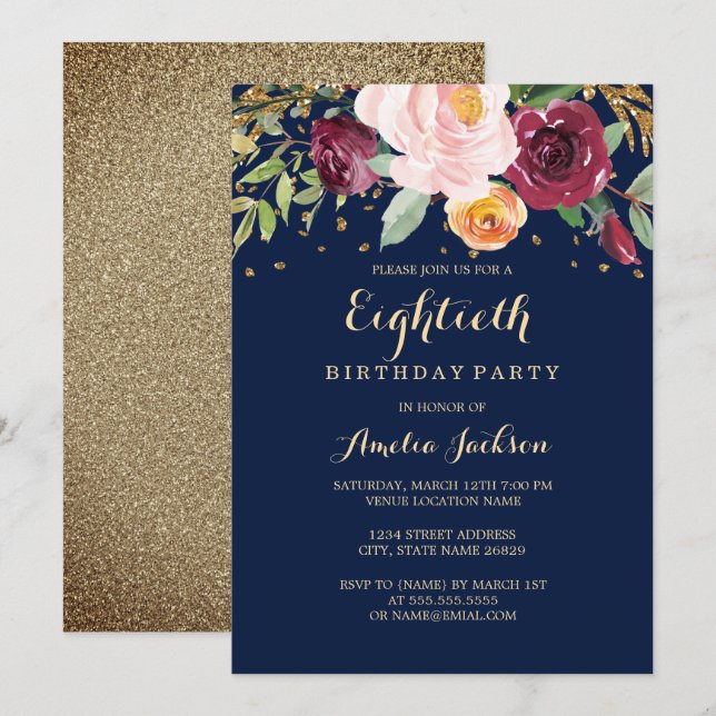 Invitación Purpurina floral de la Marina de Borgoña 80 cumple (Anverso / Reverso)