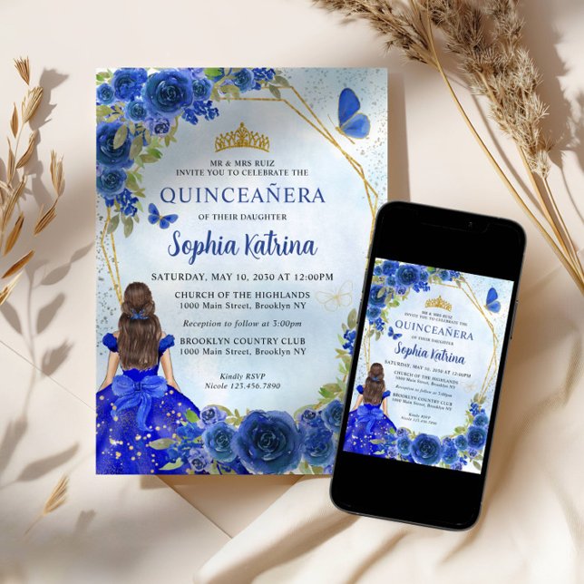 Invitación Purpurina floral de oro azul de la marina Princesa (Subido por el creador)