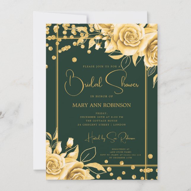 Invitación Purpurina floral de oro esmeralda ducha de novia (Anverso)