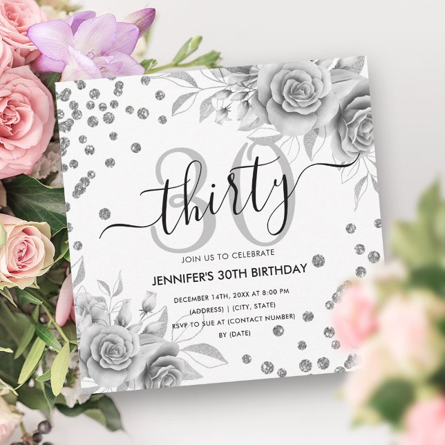 Invitación Purpurina Floral de oro plateado guión de cumpleañ (Silver Gold Floral Glitter 30th Birthday Script Invitation)