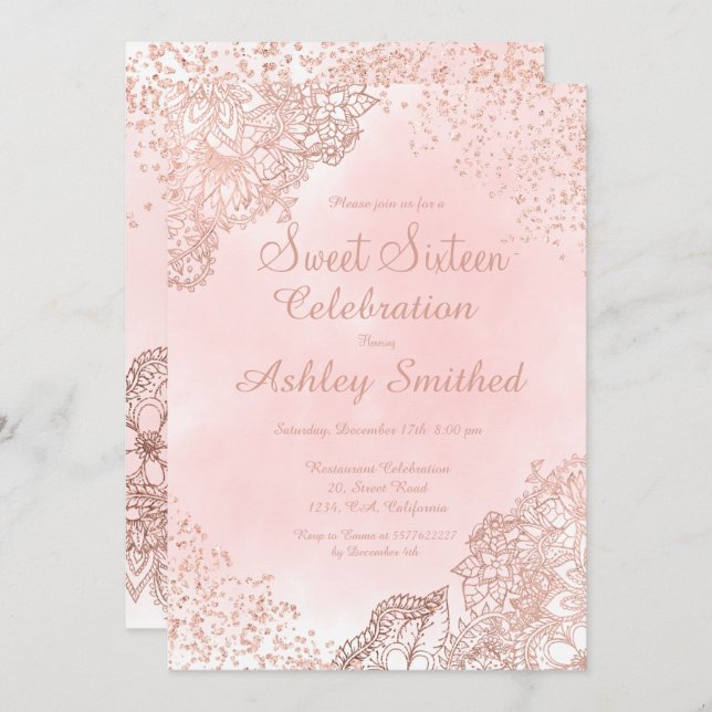 Invitación purpurina floral de oro rosa Girly confetti Sweet  (Anverso / Reverso)