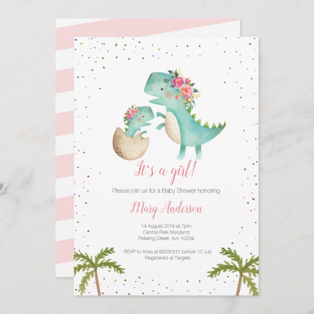 Invitación Purpurina floral Dinosaurio rosa Baby Shower (Anverso / Reverso)