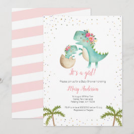 Invitación Purpurina floral Dinosaurio rosa Baby Shower