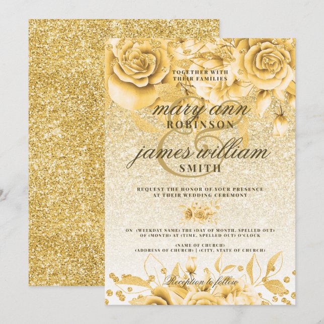 Invitación Purpurina floral dorado Sparkle Elegant Wedding (Anverso / Reverso)