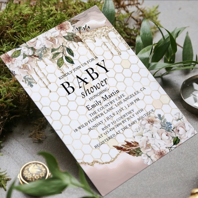 Invitación Purpurina floral Drip Marble Baby Shower (Subido por el creador)