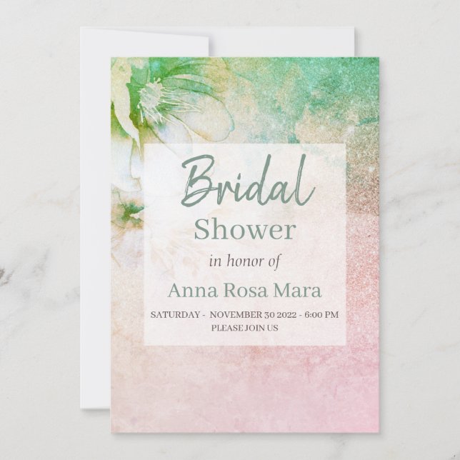 Invitación *~* Purpurina floral ducha de novia rosa Verde azu (Anverso)