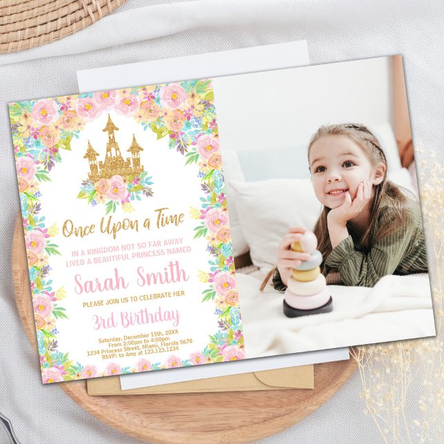 Invitación Purpurina floral fotográfica Golden Printhday cump (Photo Floral Glitter Golden Princess Birthday Invitation)