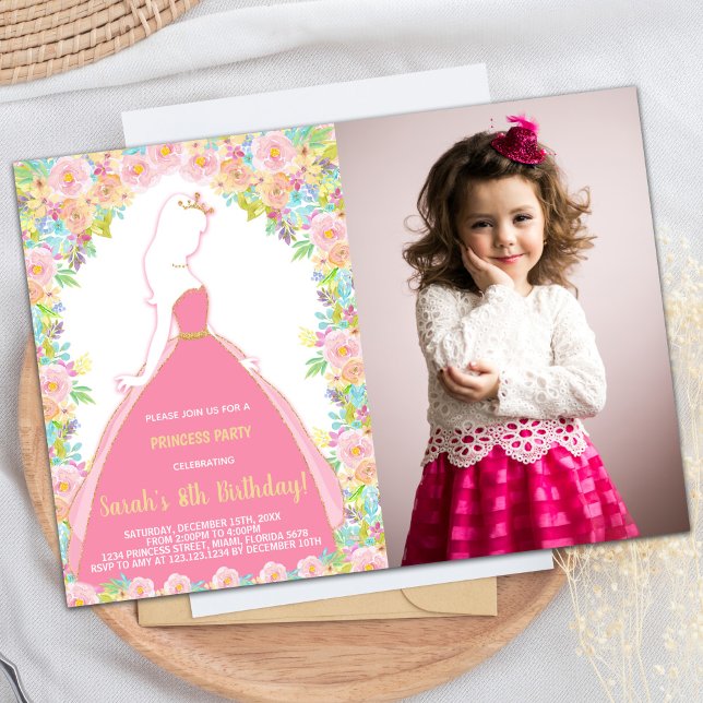 Invitación Purpurina floral fotográfica Princesa Rosa Cumplea (Photo Floral Glitter Pink Princess Birthday Invitation)