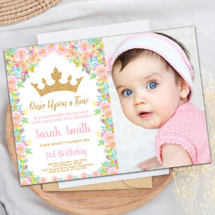 Invitación Purpurina floral fotográfico Crown Princess Birthd