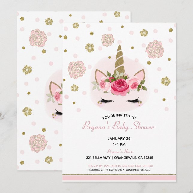 Invitación Purpurina Floral Glam Gold Unicorn Baby Shower (Anverso / Reverso)