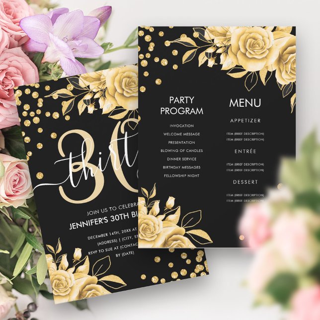 Invitación Purpurina floral Gold Black AllinOne 30 cumpleaños (Gold Black AllinOne Floral Glitter 30th Birthday Invitation)