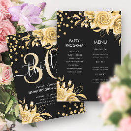 Invitación Purpurina floral Gold Black AllinOne 30 cumpleaños