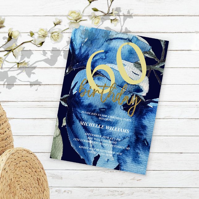Invitación Purpurina floral índigo moderno caligrafía (Subido por el creador)