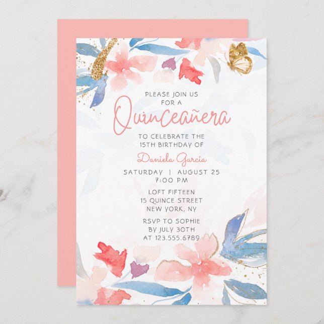 Invitación Purpurina Floral Mariposa Quinceañera (Anverso / Reverso)