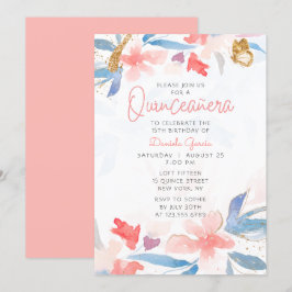 Invitación Purpurina Floral Mariposa Quinceañera