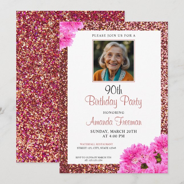 Invitación Purpurina floral moderno 90 cumpleaños (Anverso / Reverso)