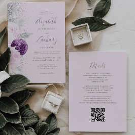 Invitación Purpurina Floral Morado Plata Lilac QR Boda de cód