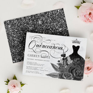 Invitación Purpurina floral negra Princesa Tiara Quinceanera