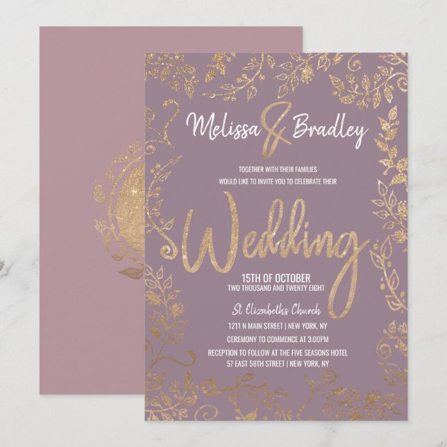 Invitación Purpurina Floral Ombre Mauve Lilac Boda (Anverso / Reverso)