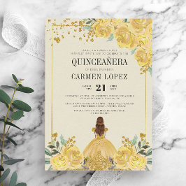 Invitación Purpurina floral oro y princesa amarilla Quinceane