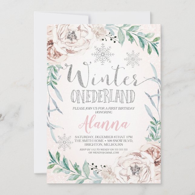 Invitación Purpurina Floral Plata Invierno Onederland Cumplea (Anverso)