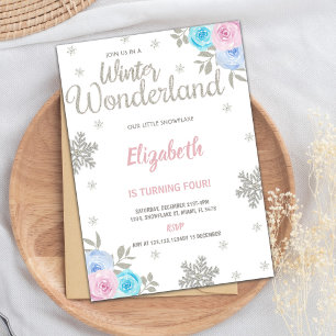 Invitación Purpurina Floral Plata Invierno Wonderland Cumplea
