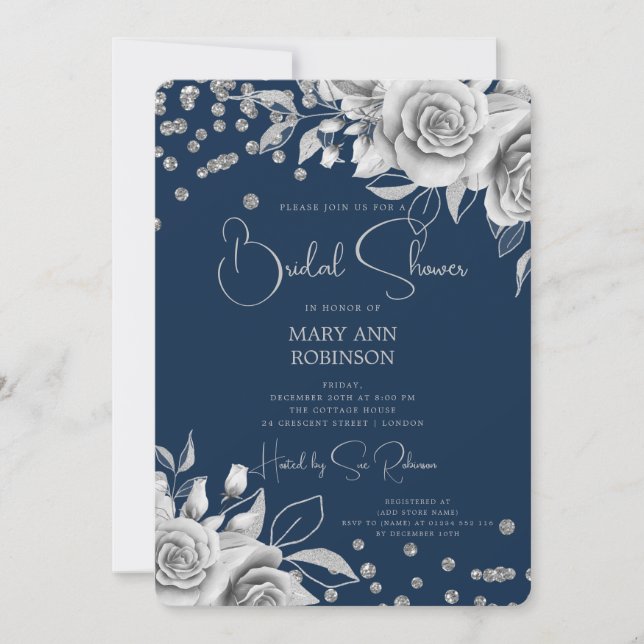 Invitación Purpurina floral plateada de guiones Marina de Duc (Anverso)