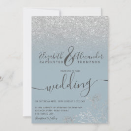 Invitación Purpurina floral plateado boda de escritura azul p