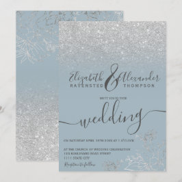 Invitación Purpurina floral plateado boda de escritura azul p