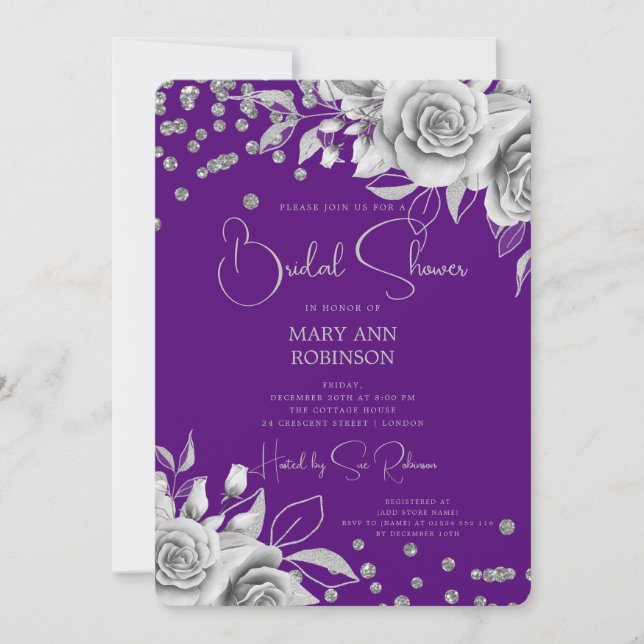 Invitación Purpurina floral plateado guión ducha de novia mor (Anverso)