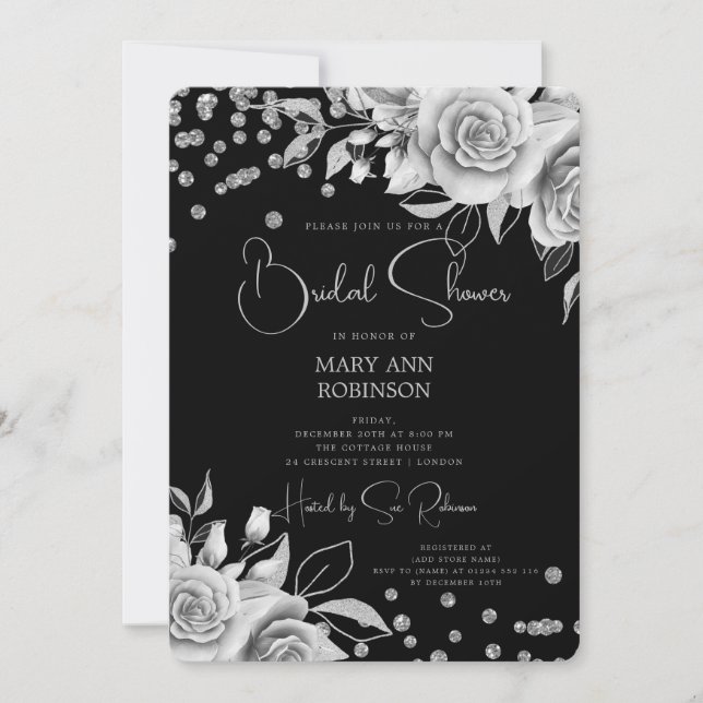 Invitación Purpurina floral plateado guión ducha de novia neg (Anverso)
