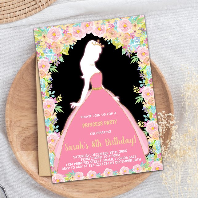 Invitación Purpurina floral Princesa Rosa Negra Cumpleaños (Floral Glitter Black Pink Princess Birthday Invitation)