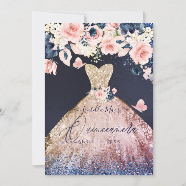 Invitación Purpurina floral Quinceanera Gown Ombre Rosa Gold (Anverso)
