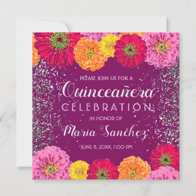 Invitación Purpurina floral Quinceañera Zinnia Fiesta púrpura (Anverso)
