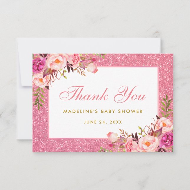 Invitación Purpurina Floral Rosa Baby Shower Gracias (Anverso)