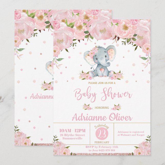 Invitación Purpurina Floral Rosa Cute Elefante Chica Baby Sho (Anverso / Reverso)