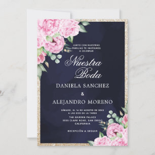 Invitación Purpurina Floral Rosa Nuestra Boda Boda Española