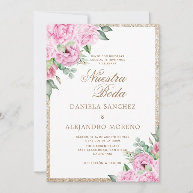 Invitación Purpurina Floral Rosa Nuestra Boda Boda Española (Anverso)