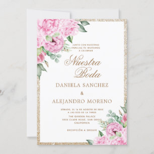 Invitación Purpurina Floral Rosa Nuestra Boda Boda Española